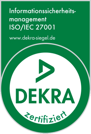 DEKRA Zertifikatssiegel für Informationssicherheitsmanagement ISO/IEC 27001, als Nachweis für zertifizierte Informationssicherheit.