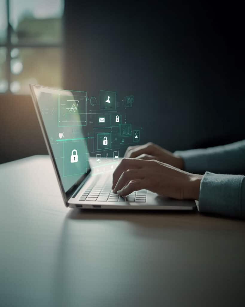 Person arbeitet an einem Laptop mit digitaler Sicherheitssoftware, die fortschrittliche Verschlüsselung und Datenschutztechnologien darstellt, passend zur ISO 27001 Zertifizierung von Audittrails.