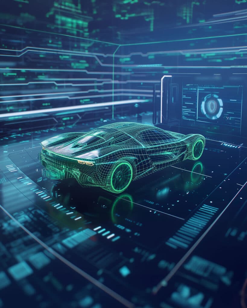 Hologramm eines digitalen Sportwagen-Prototyps auf einer gesicherten Plattform, repräsentiert die Spitzenleistung von Audittrails Tisax im Bereich der Informationssicherheit und des Prototypenschutzes für die Automobilbranche.